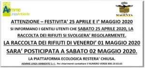 Modalità raccolta rifiuti del 25 aprile e dell’1 maggio