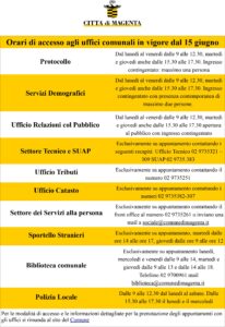 Nuovi orari e modalità di accesso agli uffici comunali in vigore da lunedì 15 giugno
