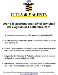 Orario di apertura degli uffici comunali dal 2 agosto al 4 settembre 2021