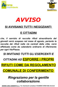Rifiuti, ad agosto sospesa la raccolta straordinaria del giovedì