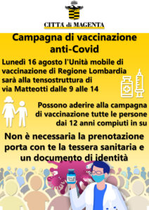 Covid, il Sindaco Calati annuncia: “Vaccinazioni senza prenotazione lunedì 16 agosto grazie alla presenza dell’Unità Mobile di Vaccinazione di AREU alla tensostruttura di piazza Mercato”