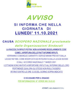 Raccolta rifiuti, indetto sciopero nazionale per lunedì 11 ottobre. AEMME Linea Ambiente: “Possibili disagi”