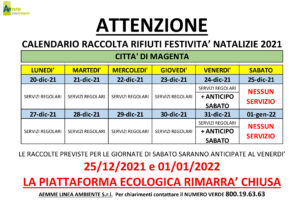 Servizio di raccolta rifiuti: il calendario per le festività natalizie 2021